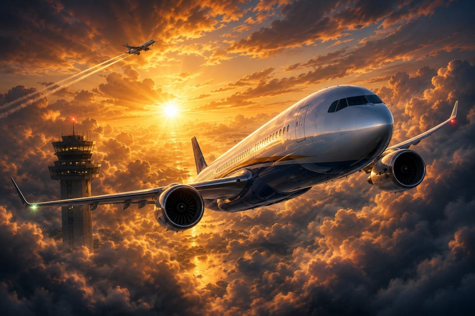 Airliner passing an air traffic control tower